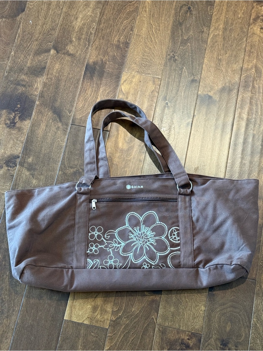 Gaiam Brown Canvas Yoga Tote, Embroidered Floral Detail